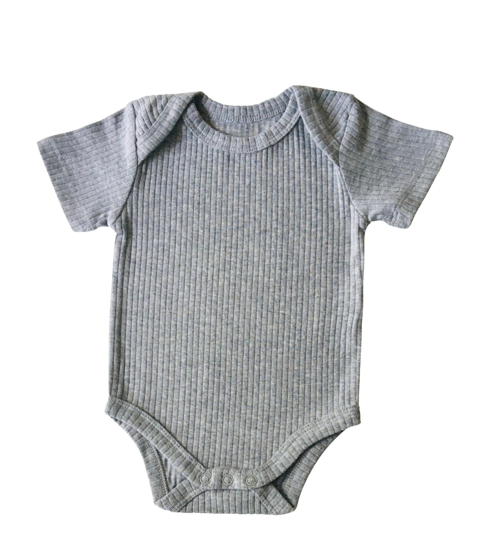Organic cotton baby onsie in gray.  95% organic cotton, 5% spandex.  Rib knit for extra stretch and comfort.  Snaps at inseam allow for easy diaper changes, envelop shoulders make overhead changes more comfortable.  Eco friendly natural fabric, non-toxic, food grade dyes.  OEKO TEx-100 certified.