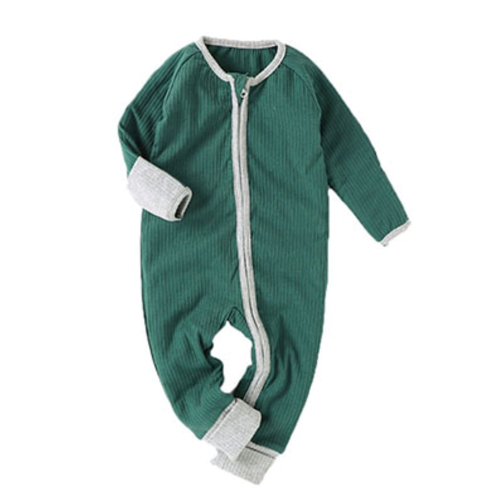 Double zipper baby sleeper in green. Cuffs at hands and feet.  It is made from soft GOTS certified organic cotton.