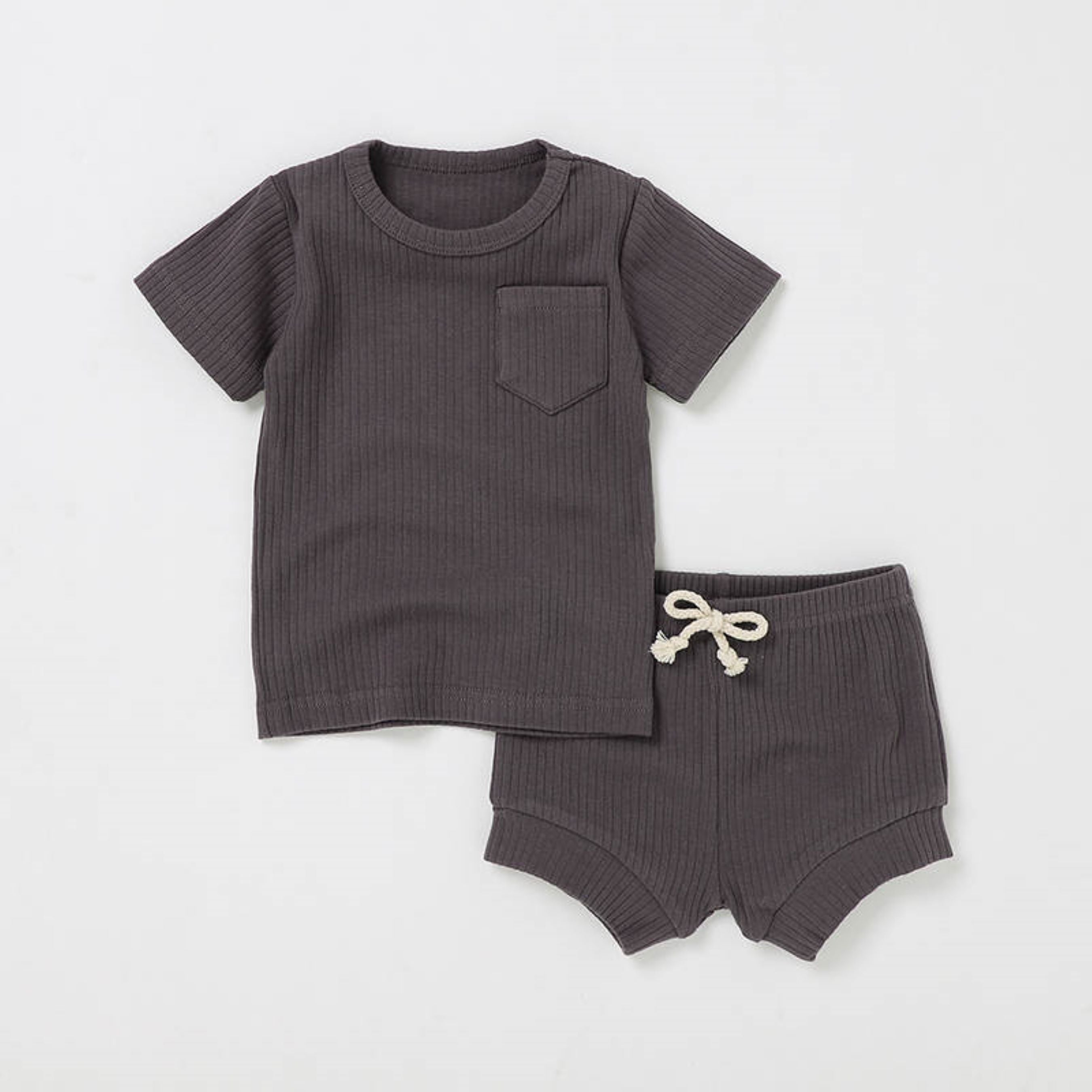 2 piece short sleeve pajama set in truffle.  The set includes a short sleeve top and matching pull on shorts.  It is made from soft, GOTS certified organic cotton.